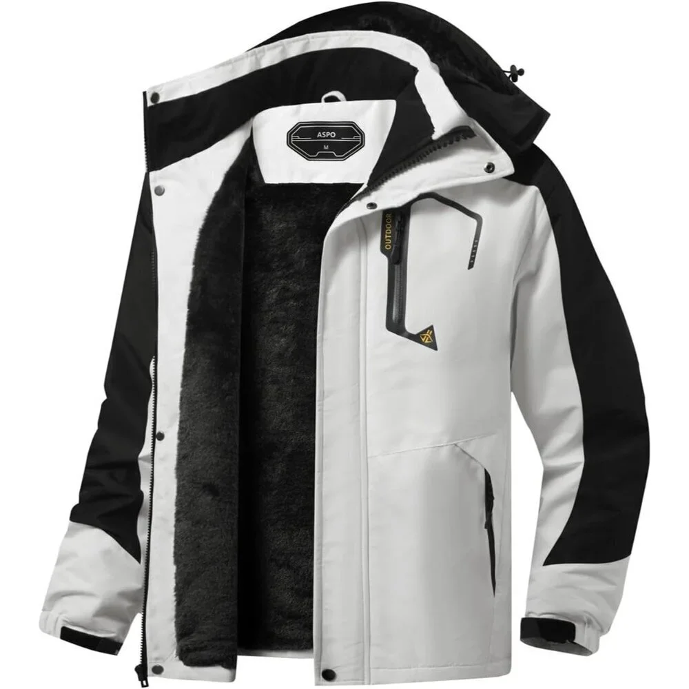Men's White Waterproof Winter Warm Snow Coat Fleece Lined Hiking Ski Jacket
